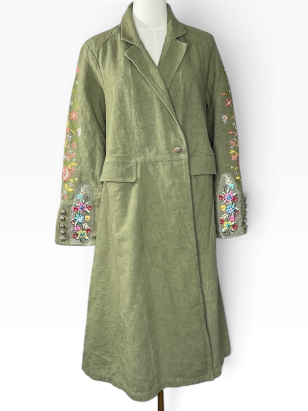 NWT Aratta Silent Journey jacket coat Olive Green Ramie Button Down pockets XL